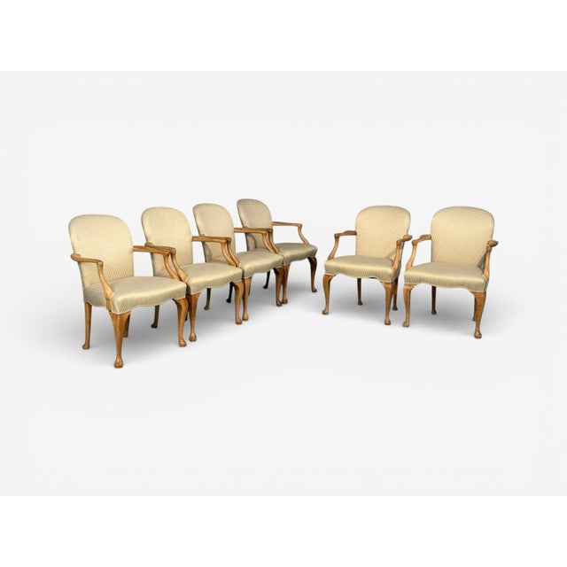 Queen Anne Style, Six Arm Chairs, Light Wood, Fabric, USA, 1940s Set of six Queen Anne style armchairs in light stained...