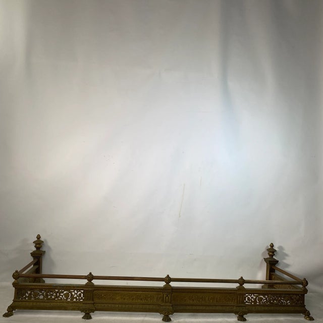Antique Grecian War Scened Floral Pierced Claw Foot Brass Fireplace Fender For Sale - Image 4 of 13