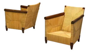 John Hutton, Donghia, Mahogany, Wicker Cane, Merbau Lounge Chairs, Usa, 1995