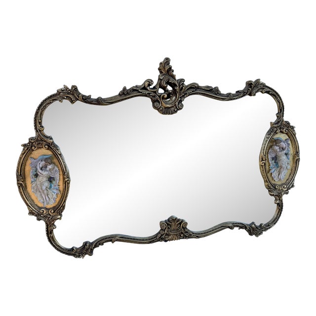 Vintage French Rococo Louis XV Gold Wall Mantle Mirror ~ Bisque Figural Lovers For Sale