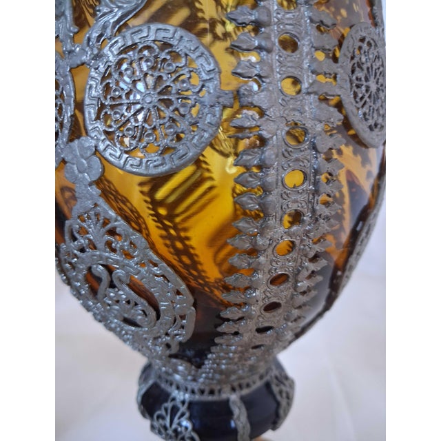 1900 - 1909 Pair of Antique Bohemian Amber Glass Vases With Elaborate Silver-Plated Filigree & Imperial Double-Headed Eagle Mounts (C. 1900) For Sale - Image 5 of 12