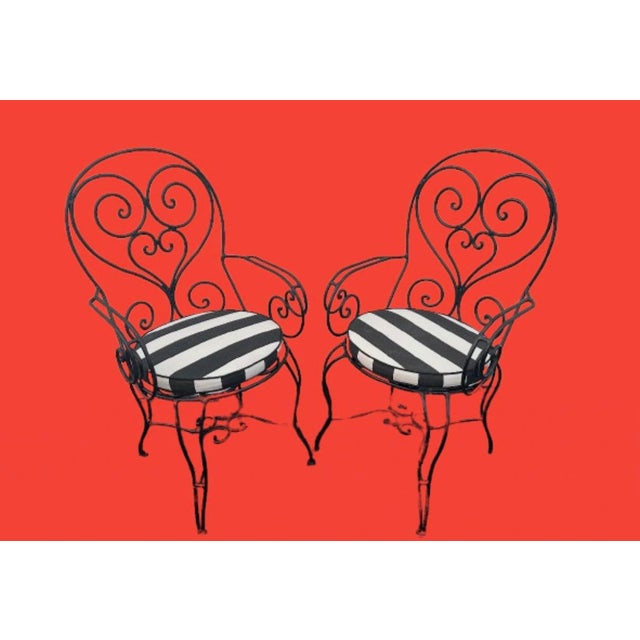 French Country Vintage French Hand Forge Wrought Iron Garden/ Patio Arm Chairs - Set of 4 For Sale - Image 3 of 12