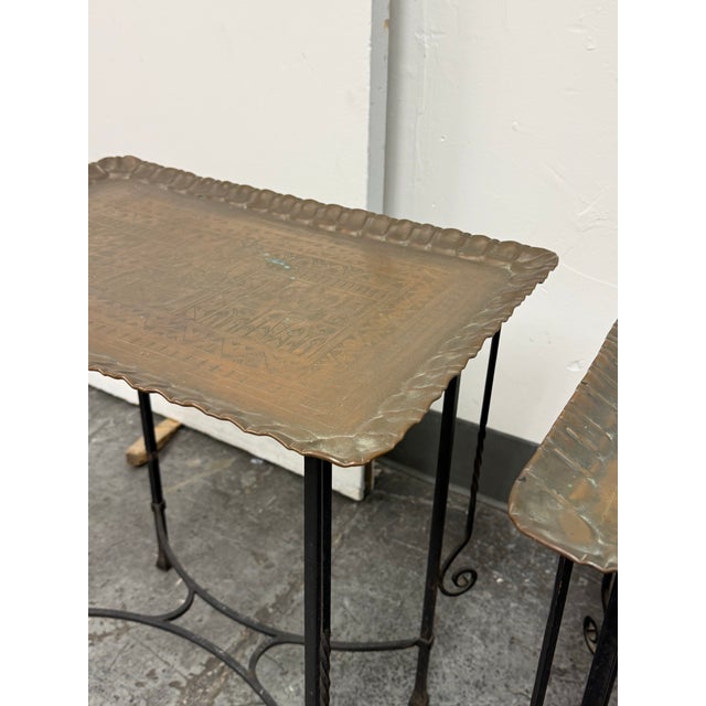 Egyptian Vintage Brass Tray + Wrought Iron Side Tables, Pair For Sale - Image 12 of 12
