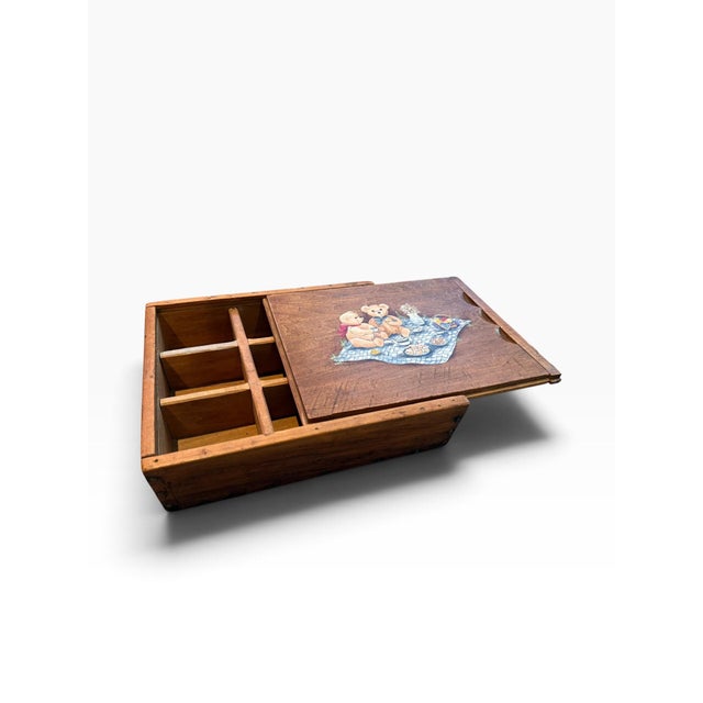 1990s Vintage Wooden Tea Box With Teddy Bear Picnic Scene | Divided Storage Box For Sale - Image 5 of 6