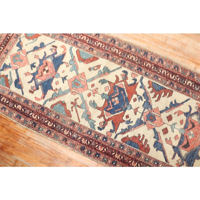 Textile 19th Century Ivory Tribal Heriz Serapi Runner - 2'10" x 13'1" For Sale - Image 7 of 12