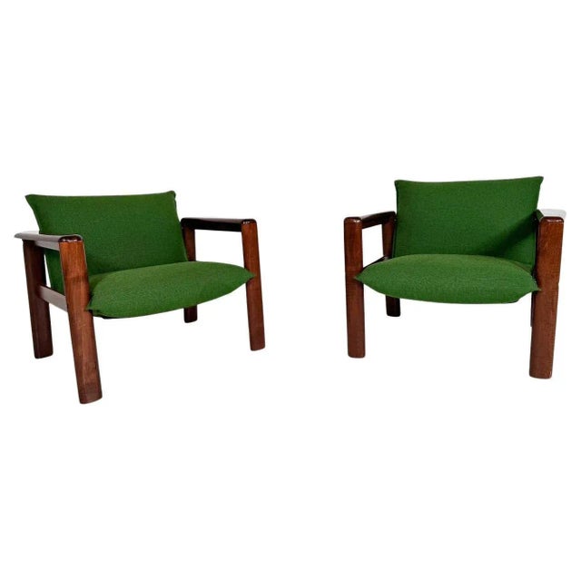 Green Set of Mid-Century Modern Armchairs in Green Fabric and Wood, Italy, 1960s For Sale - Image 8 of 8