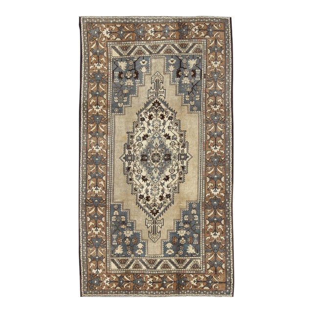 Vintage Turkish Medallion Oushak Rug in Rustic Blue, Mocha, and Taupe 7'2 X 12'9 For Sale