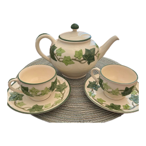 1950s Mid Century Modern "I Love Lucy" Franciscan Ivy Teapot and 2 Cups and Saucers