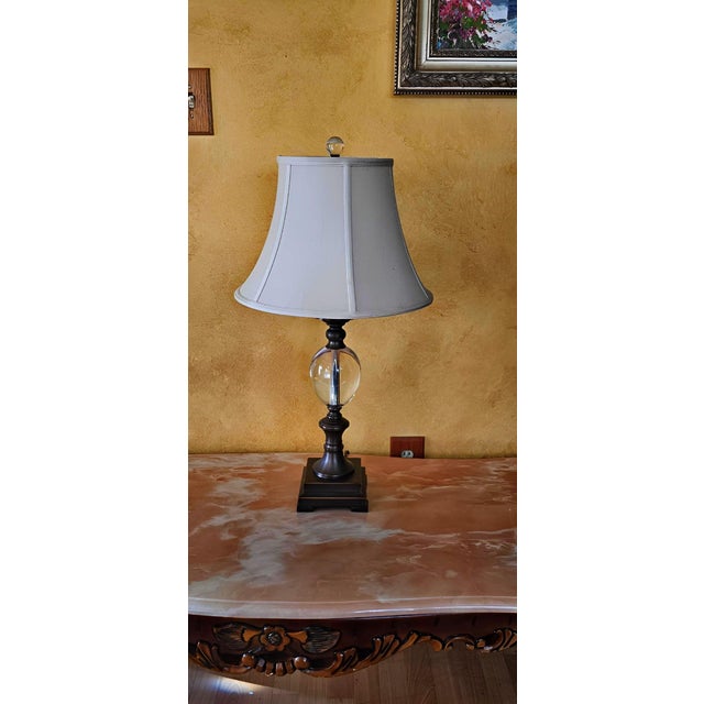 Early 21st Century Crystal Ball Urn Lamp With Copper Finish & White Bell Shade – 30” Transitional Accent Lamp For Sale - Image 5 of 18