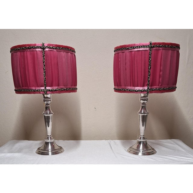 Vintage Table Lamps with Silver-Plated Candlestick Base and Fabric Shade, 1970s, Set of 2, in Very Good conditions....