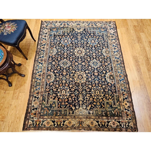 Vintage Persian Malayer Area Rug, Hand-Knotted Wool, Geometric Pattern, 5x7, Navy & Ivory For Sale - Image 15 of 18