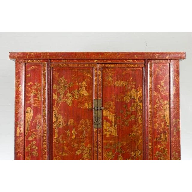 19th Century 19th Century Large Chinese Qing Dynasty Red Lacquer Armoire with Gilt Décor For Sale - Image 5 of 13
