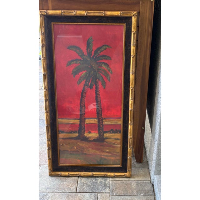 Ruby Red Vintage Pair of Large Tropical Palm Tree Prints in Faux Bamboo Gold Frames For Sale - Image 8 of 16