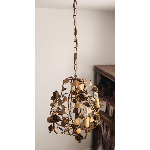 Hollywood Regency 4-Light Floral Chandelier in Hand-Forged Dark Gilt Metal with Rose and Leaf Ornaments, 1960s For Sale - Image 11 of 18
