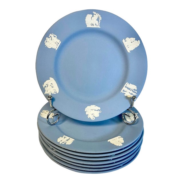 Vintage English Wedgwood Jasperware Cream Intaglios on Pale Blue Appetizer or Dessert Plates - Set of 8 For Sale
