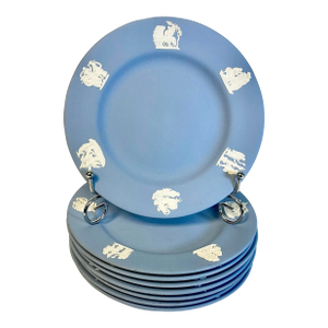 Vintage English Wedgwood Jasperware Cream Intaglios on Pale Blue Appetizer or Dessert Plates - Set of 8