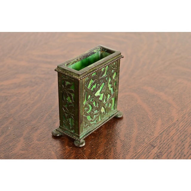 Tiffany Studios Apollo Studios New York Arts & Crafts Grapevine Pattern Bronze and Slag Glass Card Holder For Sale - Image 4 of 12