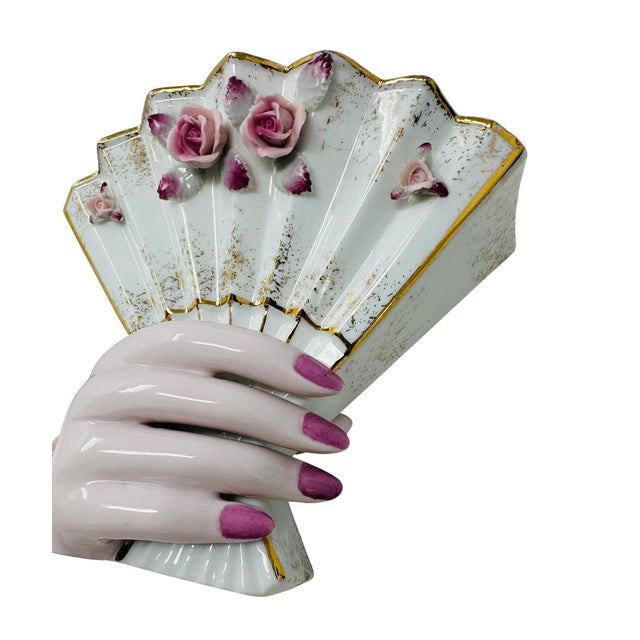Lefton Museum-Quality 1950s Lefton China "Lady's Hand" Set - Large Fan Dish & Bud Vase For Sale - Image 4 of 14