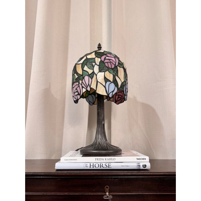 Metal Vintage Tiffany Style Floral Stained Glass Accent Table Lamp With Tree Trunk Base For Sale - Image 7 of 10
