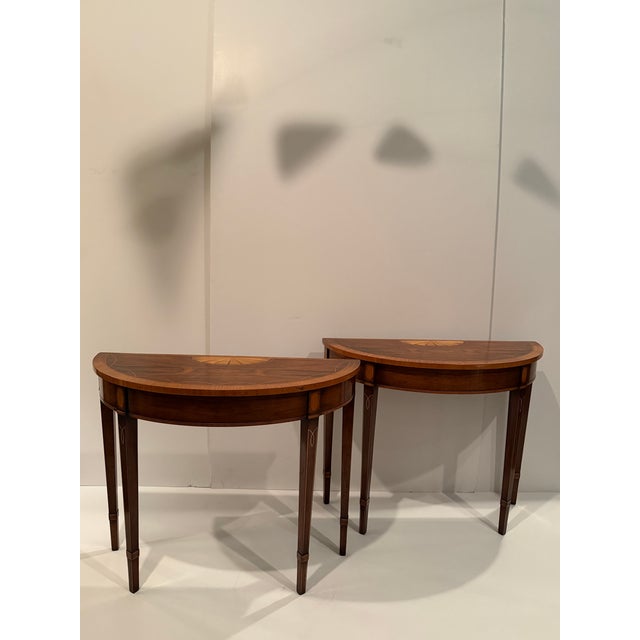 Brown Mahogany & Satinwood Inlaid Demilune Console Tables -a Pair For Sale - Image 8 of 12