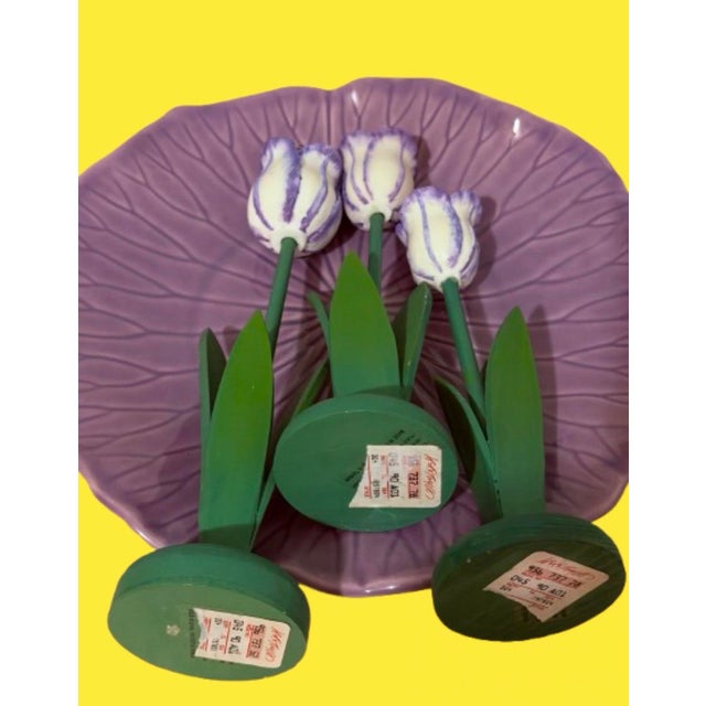 Hollywood Regency Vintage Wood Flowers Tulips Shaped Candle Holders - Set of 3 For Sale - Image 4 of 8