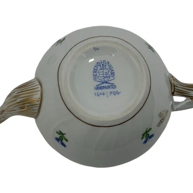 Vintage Herend Blue Garland PBG Model 1605 Small Porcelain Teapot Rose Finial Spout Chip Hungary C. 1980s For Sale In Palm Springs - Image 6 of 9