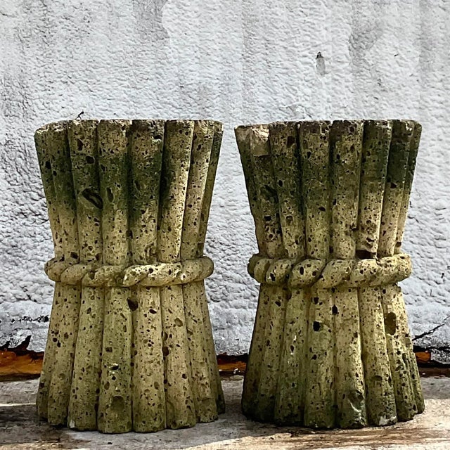 Mid 20th Century Vintage Boho Cut Coquina Stone Bamboo Table Pedestals - a Pair For Sale - Image 4 of 9