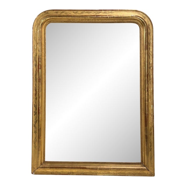 19c French Antique Gilded Louis Philippe Mirror With Flower Detail For Sale
