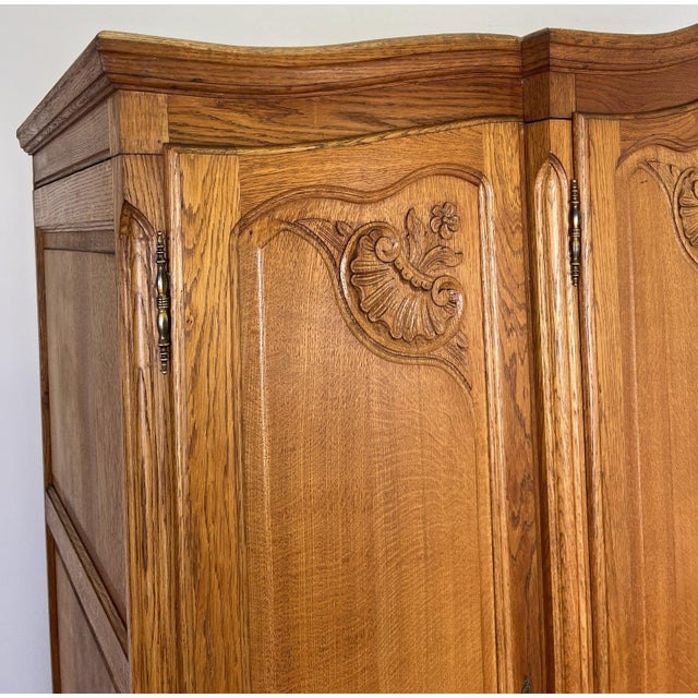 Vintage Louis XVI French Oak Four Door Carved Wardrobe For Sale - Image 3 of 12
