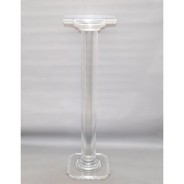 Plastic American Clear Tubular Lucite Pedestal Faceted Platform & Base Sculpture Stand For Sale - Image 7 of 13