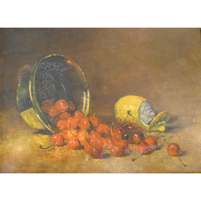 Small Still Life with Cherries and Lemon, Oil on Canvas, Early 20th Century For Sale - Image 3 of 12