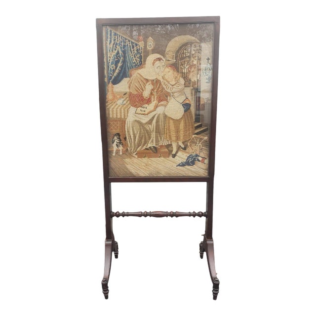 19th Century Continental Mahogany and Tapestry Expandable Trestle Fire Screen For Sale