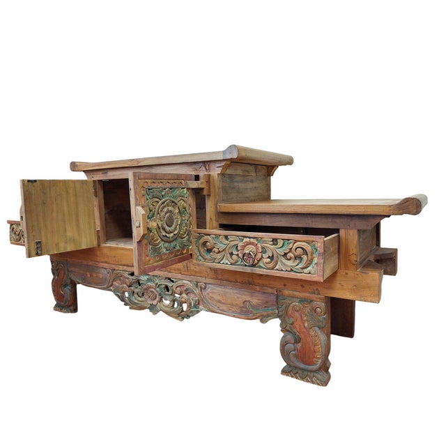 Large Mid-Century Balinese Hand-Carved Teak Sideboard - Hi-Lo Altar Cabinet For Sale - Image 11 of 18