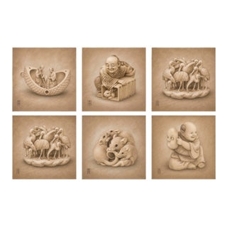 Japanese Edo Netsuke Archive Tadelakt Texture 8 by 8 Square Gallery Board Prints Set of 6 For Sale