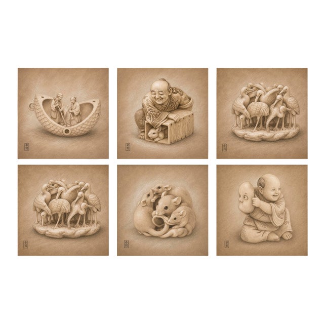 Japanese Edo Netsuke Archive Tadelakt Texture 8 by 8 Square Gallery Board Prints Set of 6 For Sale