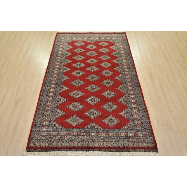 Tribal Bokhara Jaldar Rug 4’11” X 7’7” Red Wool Tribal Hand-Knotted Oriental Carpet For Sale - Image 3 of 12