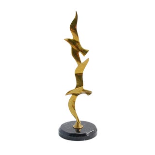 Brass Seagull Sculpture on Marble Base For Sale