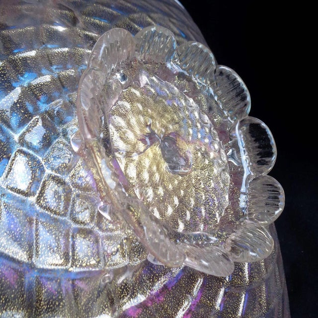 Antique Murano Pink Opal Gold Flecks Iridescent Diamond Quilted Surface Italian Art Deco Glass Serving Bowl For Sale - Image 11 of 12