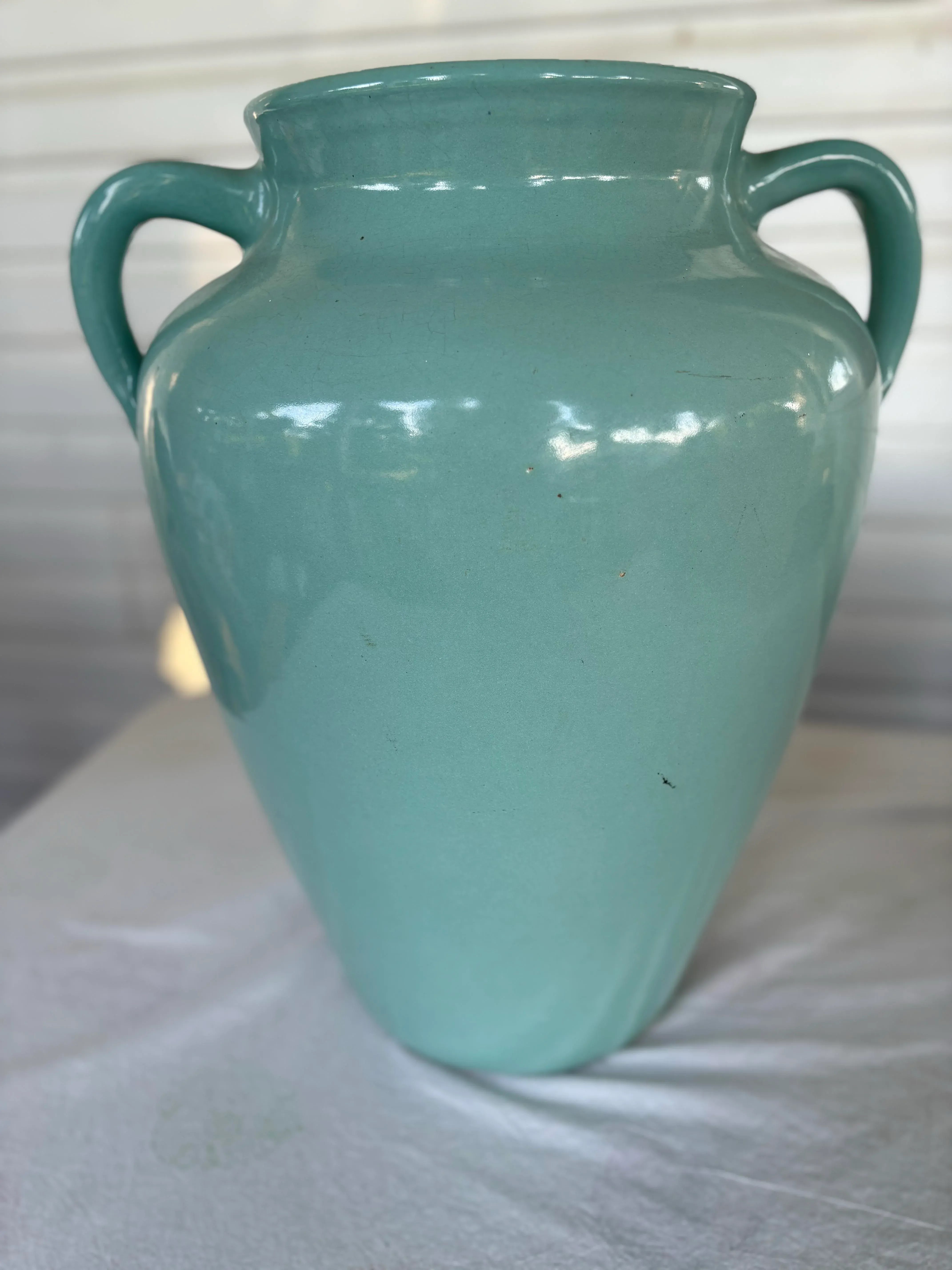 Large 1920s Zanesville Pottery Stoneware Turquoise Green Urn Floor