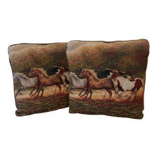 Vintage Rustic Equestrian Tapestry Horse Pillows, a Pair For Sale