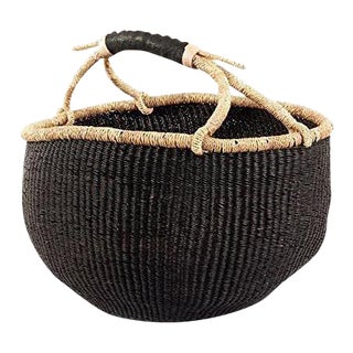 African Boho Chic Bolga Ghana Large Black Woven Fiber Basket For Sale