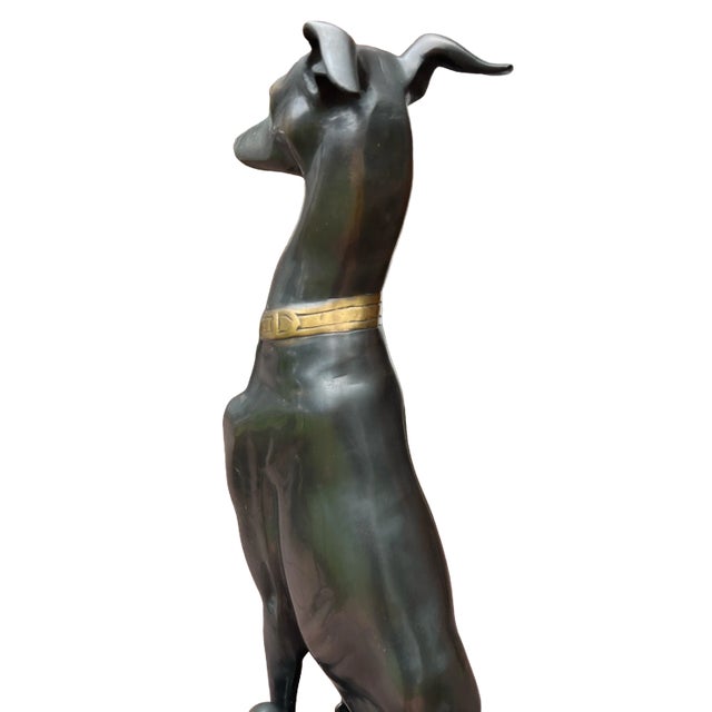 Art Deco 1980s Life Size Bronze Statue of a Whippet Dog on Pedestal For Sale - Image 3 of 10