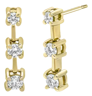 14K Yellow Gold 1/2 Cttw Round Diamond 3 Stone Graduated Linear Drop Past, Present and Future Stud Earrings (H-I Color, SI1-SI2 Clarity) - 2 Pieces