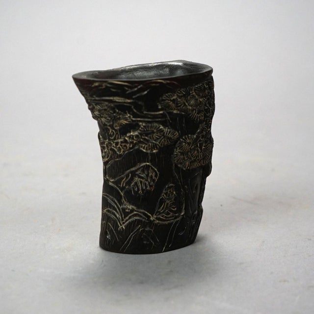 Asian Carved Libation Cup, Genre Scene with Men in Chess Game, 20th C. Measures - 4" x 3" x 1.75"
