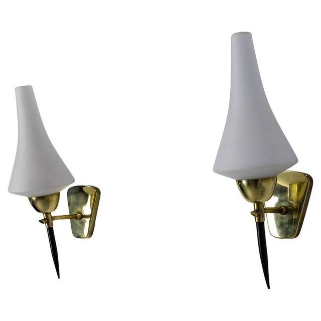 French wall sconces opaline glasslack with golden chrome and black painted metal, pair of wall lights Soft and warm light....