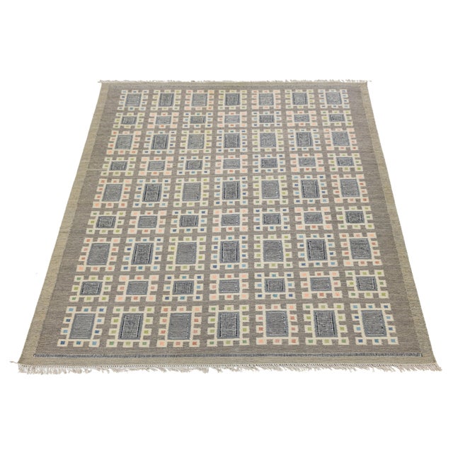 Nordic Geometric Handmade Wool Flatweave Rug in Charcoal, Off-White, and Pastels For Sale - Image 10 of 12