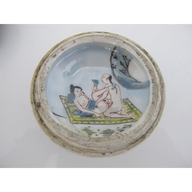 Japanese Shunga Secret Erotica Blue Porcelain Seal Paste or Trinket Jar With Lid For Sale - Image 9 of 10