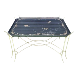 Vintage Dennis & Leen Black Chinoiserie Regency Faux Bois Iron Tray Top Coffee Table