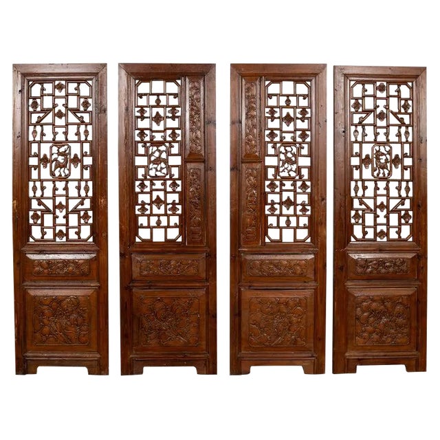 19th Century Carved Elm Screen Panels with Fretwork, Foliage and Floral Motifs - Set of 4 For Sale