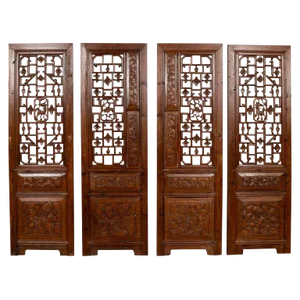19th Century Carved Elm Screen Panels with Fretwork, Foliage and Floral Motifs - Set of 4
